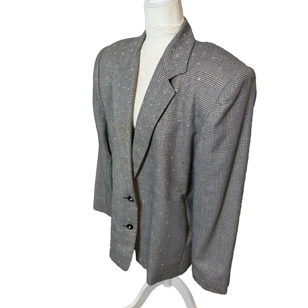 Vtg 80s CRISCIONE Glen Plaid Rhinestone Studded Jacket~XL~Retro Androgyny Glam